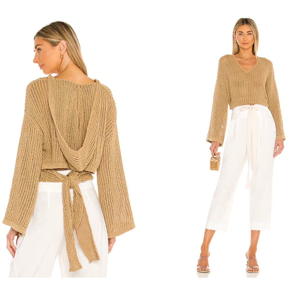 Cult Gaia Women Catherine Hoodie Cotton Tan Open Back Tie Knit Sweater Boho XS